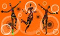 Dancing people silhouettes on orange background